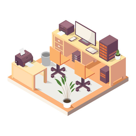 Office isometric interior with furniture and equipment. Vector illustration in flat styleのイラスト素材