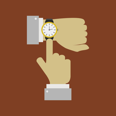 Hand with wristwatch. Vector illustration in flat style. Isolated on brown background.のイラスト素材