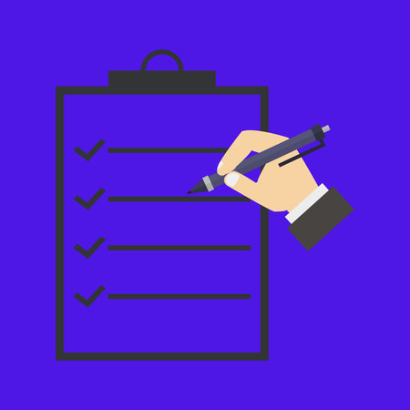 Hand with pen writing on clipboard. Vector illustration in flat style.のイラスト素材