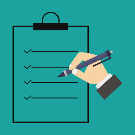 Businessman hand writing on clipboard. Vector illustration in flat style.のイラスト素材