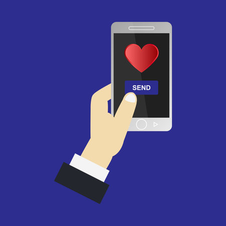 Smartphone with heart icon in hand. Flat design vector illustration.のイラスト素材