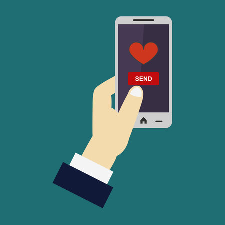 Smartphone with heart in hand. Flat design. Vector illustration.のイラスト素材