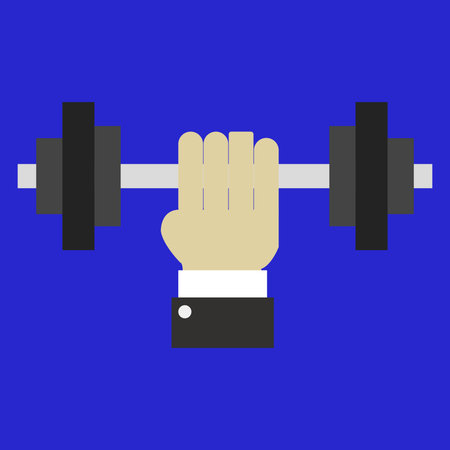 Hand with dumbbell on blue background. Flat design. Vector illustration.のイラスト素材