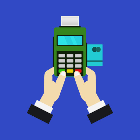 Payment terminal with credit card in hands. Vector illustration in flat styleのイラスト素材
