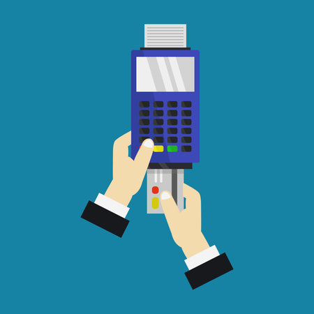Payment terminal in hand. Vector illustration in flat design style.のイラスト素材