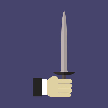 Sword in hand. Vector illustration in flat style on purple background.のイラスト素材