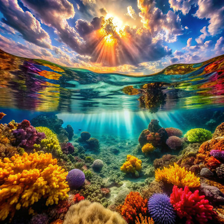 Underwater view of coral reef with fishes and seagulls.の素材