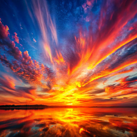beautiful sunset over the lake with clouds reflected in water, nature seriesの素材