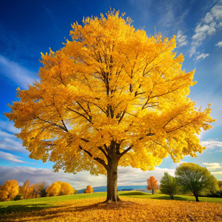 Autumnal tree with yellow leaves on the background of blue skyの素材
