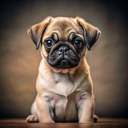 Pug puppy on a dark background. Dog on a brown background.の素材