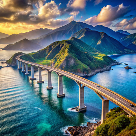 Aerial view of the road bridge in the sea at sunset.の素材