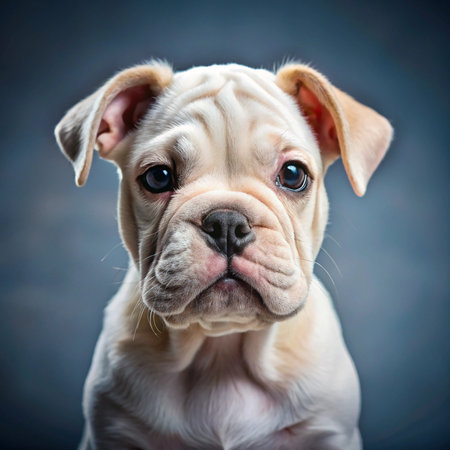 Portrait of an adorable English Bulldog puppy on dark background.の素材