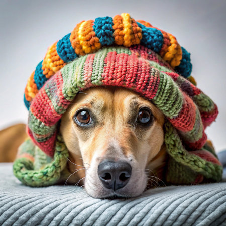 Cute dog wearing a warm knitted hat and scarf on the bedの素材