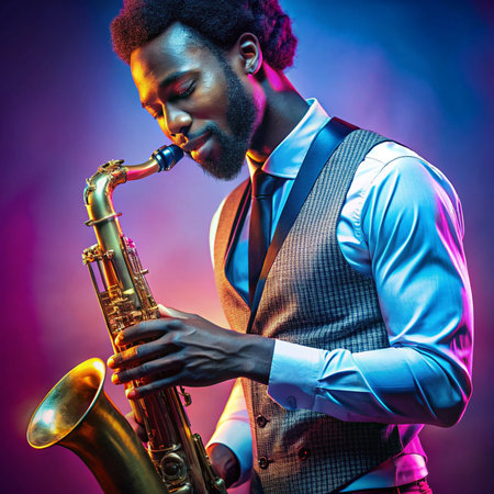 African american jazz musician playing the saxophone on a purple background.の素材