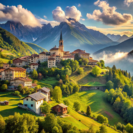 Panoramic view of the idyllic small village in the Swiss Alps.の素材