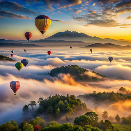Colorful hot air balloons flying over the misty mountains at sunriseの素材