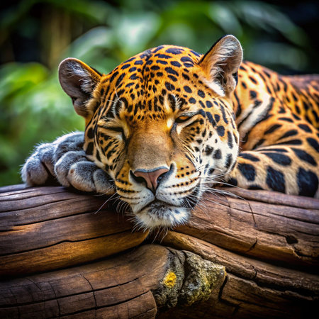 Portrait of a leopard lying on a log in the jungleの素材