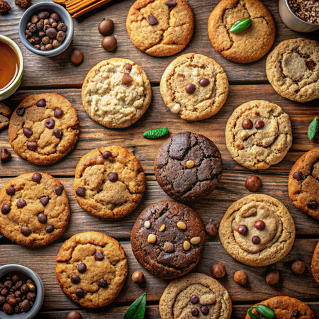 Chocolate chip cookies on a wooden table. Chocolate chip cookies on a wooden table.の素材