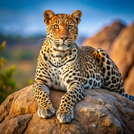 Leopard resting on a rock in Serengeti National Park, Tanzaniaの素材