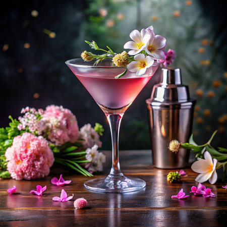 Cocktail in a martini glass with flowers on a dark backgroundの素材