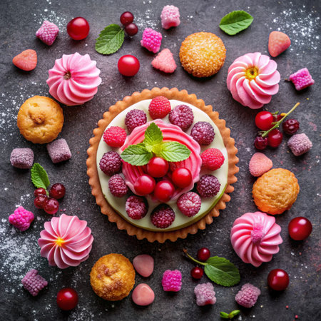 Cake with raspberries, cherries and mint on dark backgroundの素材