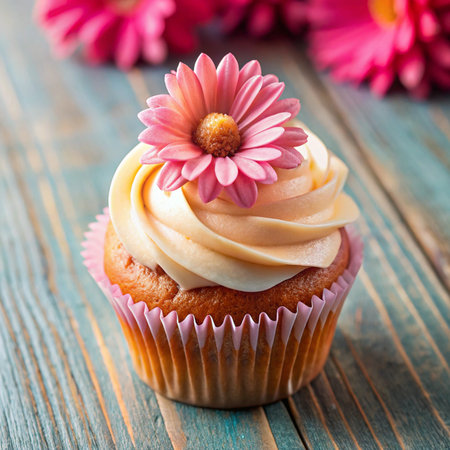 Cupcake with pink flowers on blue wooden background, selective focusの素材