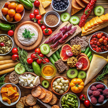 Healthy eating concept. Assortment of healthy food on wooden tableの素材