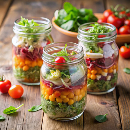 Vegetable salad with chickpeas, tomatoes, cucumbers and greens in glass jarsの素材