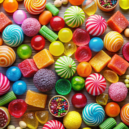 Colorful candies on wooden background. Top views. Flat lay.の素材