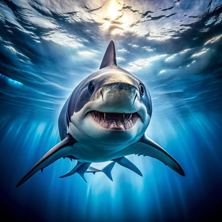 Great white shark in deep blue ocean. This is a 3d render illustrationの素材