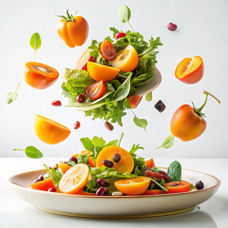 Healthy salad with persimmon, pomegranate and arugula.の素材