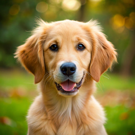 Portrait of a cute golden retriever dog in the park.の素材