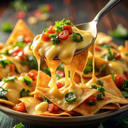 Nachos with cheese sauce and vegetables on a wooden table.の素材