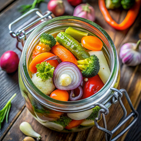 Homemade pickled vegetables in a glass jar on a wooden tableの素材