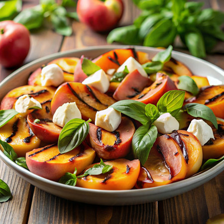 Delicious salad with peaches, mozzarella cheese and basil in a bowl on a wooden tableの素材