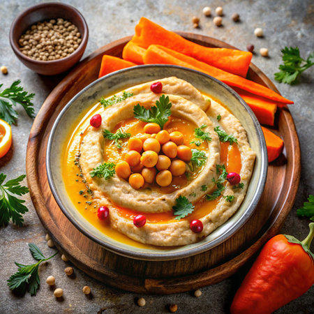 Bowl of hummus with chickpeas and pomegranate seeds on stone backgroundの素材
