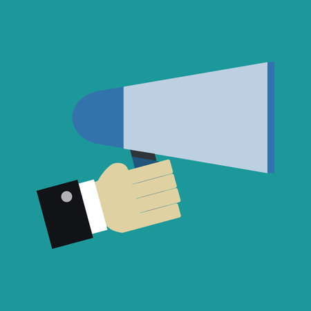 Hand holding a megaphone. Flat design. Vector illustration.のイラスト素材