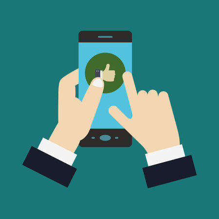 Smartphone with thumb up icon. Vector illustration in flat style.のイラスト素材