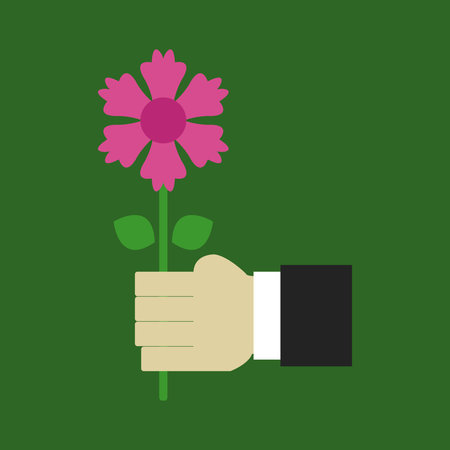 Flower in hand flat icon on green background. Vector illustration.のイラスト素材