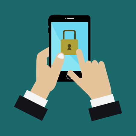 Smartphone security concept. Hand holding smartphone with lock on screen. Vector illustrationのイラスト素材