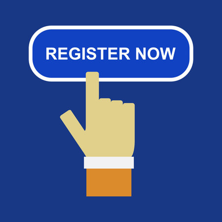 Register now button on blue background. Flat design. Vector illustration.のイラスト素材