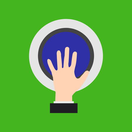 Human hand touching button on green background. Vector illustration in flat style.