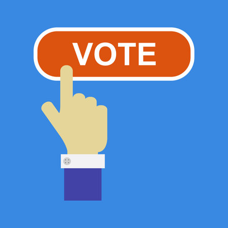 Hand click vote button on blue background. Eps10 vector illustration.のイラスト素材