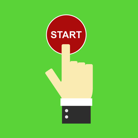 Hand pressing start button. Flat design. Vector illustration. Eps 10