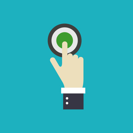 Hand pressing button. Vector illustration in flat design style. Hand pressing button.