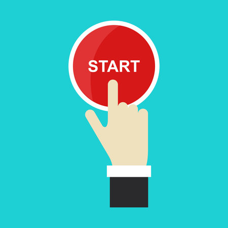Hand pressing start button. Flat design. Vector illustration. EPS 10