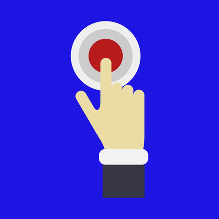 Hand pressing a button on blue background. Vector illustration in flat style.のイラスト素材