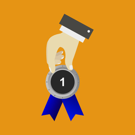 Medal in hand. Vector illustration in flat style on orange background.のイラスト素材