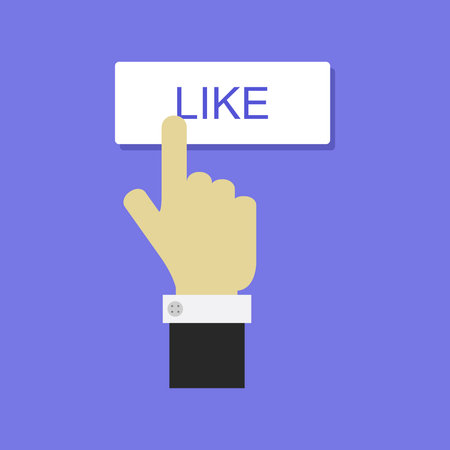 Like button. Vector illustration in flat style. Hand pressing like button.のイラスト素材