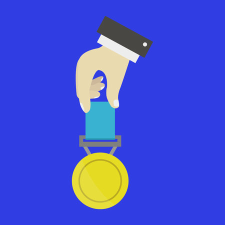 Hand holding gold medal. Flat design style. Vector illustration. Objects isolated on blue background.のイラスト素材